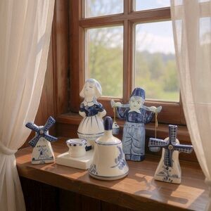 Vintage Blue & White Delft Holland Ceramic Figurines & Mini Windmills (Set of 5)